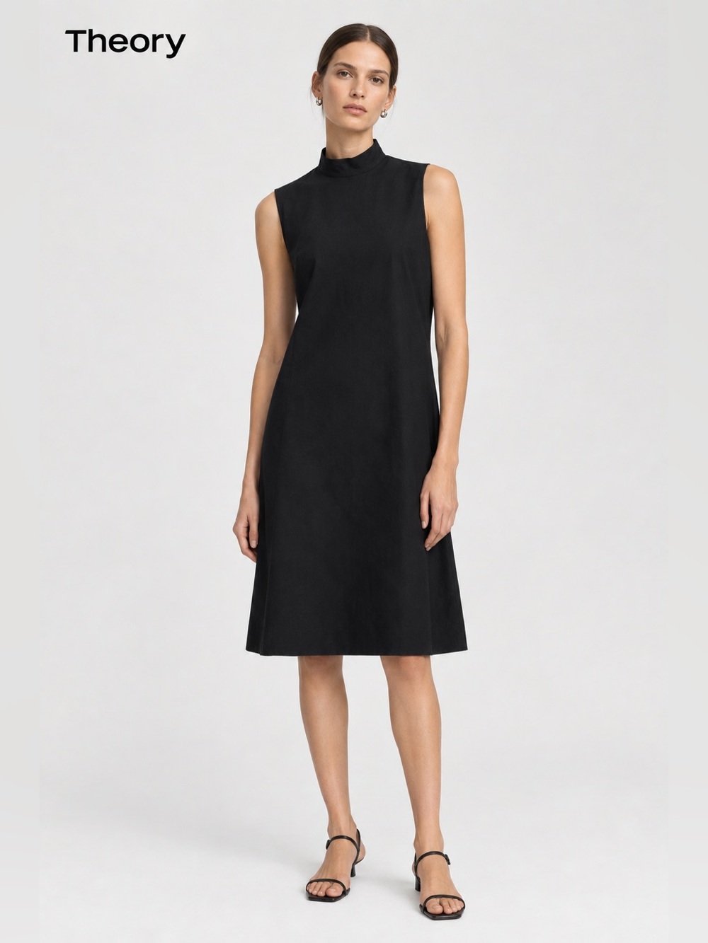 Theory Mock High Neck Black Cotton Fit and Flare Dress Stretch Cotton Size 6